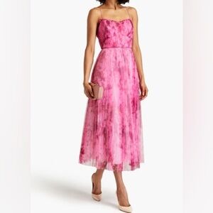 ML MONIQUE LHUILLIER Pleated printed tulle midi dress